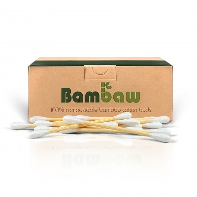 Caixa de bambu e algodão Buds BamBaw com cotonetes brancos