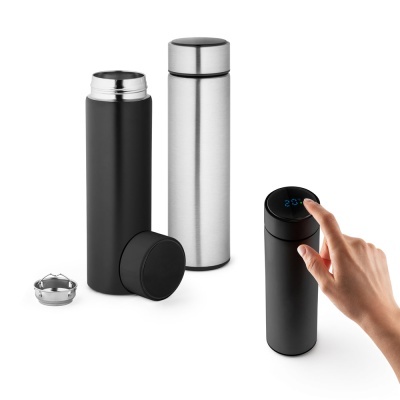 Garrafas térmicas preta e aço inoxidável com tampa e visor digital num ecrã azul
