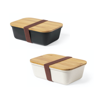 Caixas de comida retangulares com tampas de madeira e elásticos castanhos