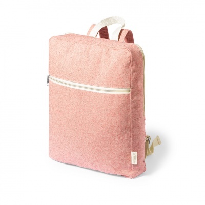 Mochila rosa com bolso frontal e alças bege