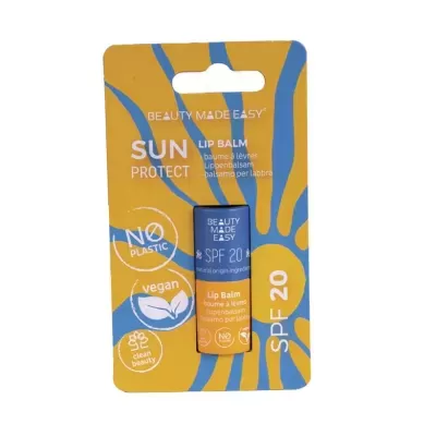 Bálsamo labial SPF 20 em embalagem amarela e azul com texto informativo.