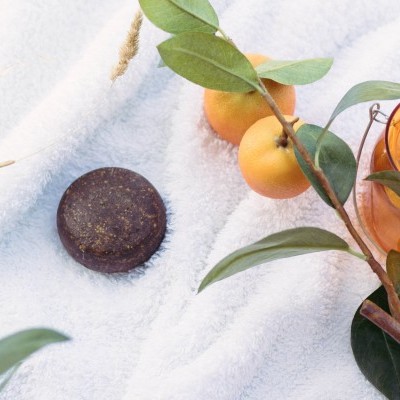 Esponja de banho escura e ramo com frutos cítricos sobre toalha branca