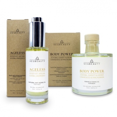 Produtos VEG BEAUTY Ageless e Body Power com embalagem simples e rótulos claros