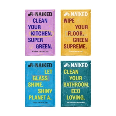 Quatro embalagens coloridas de pastilhas de limpeza da marca NAIKED