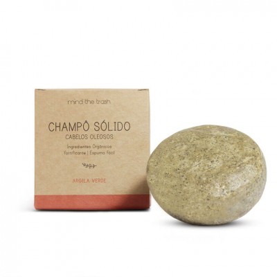 Champô sólido para cabelos oleosos com embalagem de papel reciclado e barra oval verde claro