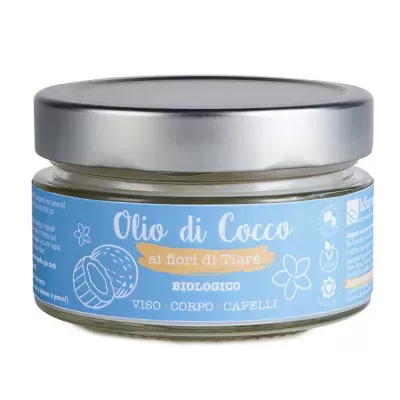 Frasco de óleo de coco biológico com rótulo azul claro