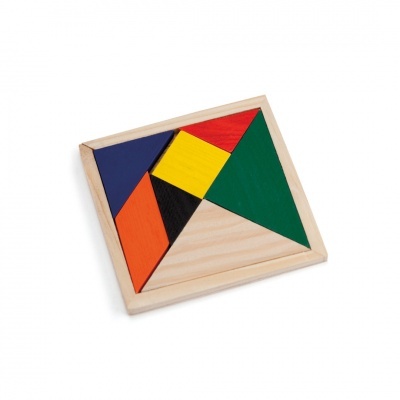 Quebra-cabeça tangram de madeira colorido numa moldura quadrada