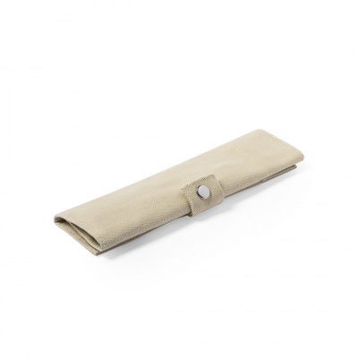 Estojo de tecido bege com fecho e botão de pressão