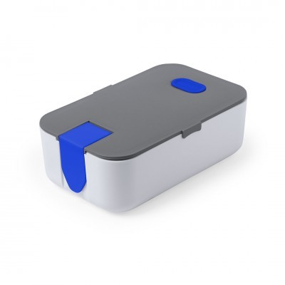 Caixa plástica branca com tampa cinza e detalhes azuis