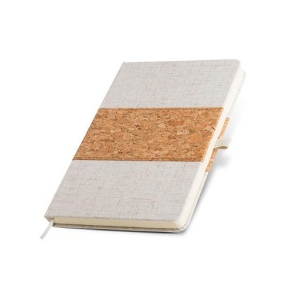 Caderno com capa cinzenta clara e faixa de cortiça central