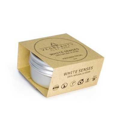 Creme mascarilha em embalagem de alumínio com rótulo de papel castanho e texto preto.