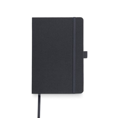 Caderno preto com elástico, marcador e suporte para caneta