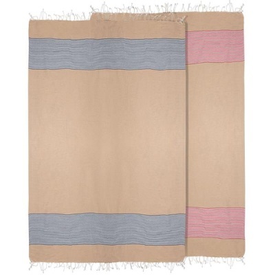 Tecidos bege com franjas e listras horizontais azuis e vermelhas