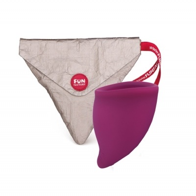 Brinquedo sexual roxo de silicone com bolsa cinza e botão vermelho FUN FACTORY