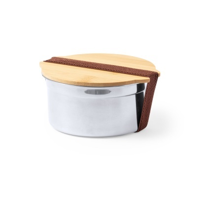 Recipiente metálico redondo com tampa de madeira e fita castanha