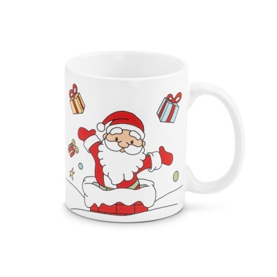 Caneca branca com Pai Natal e presentes de Natal desenhados