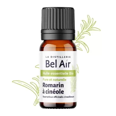 Frasco de óleo essencial de alecrim Bel Air com etiqueta branca e texto em francês