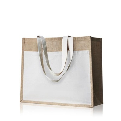 Saco de compras grande com cabos brancos e corpo castanho tipo juta