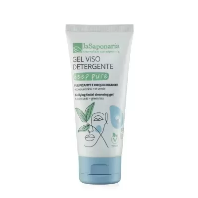 Tubo de gel facial detergente laSaponaria branco com tampa azul claro e texto verde e preto.