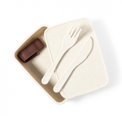 Marmita beige com tampa e talheres biodegradáveis e faixa elástica castanha