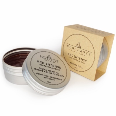 Máscara facial VegBeauty Red Intense com embalagem em caixa de cartão castanho e frasco branco