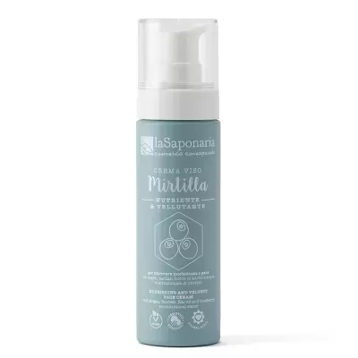 Frasco azul com tampa branca de creme facial Mirillia da laSaponaria