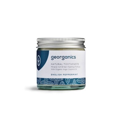 Frasco de pasta de dentes natural Georganics com etiqueta branca e azul