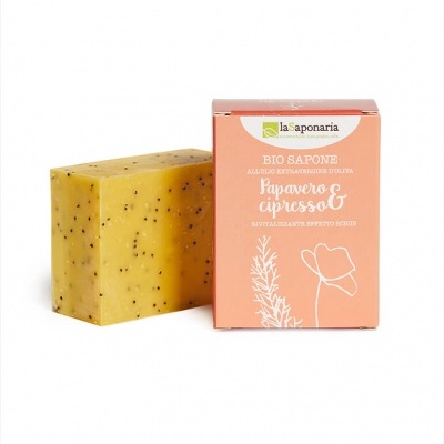 Sabonete amarelo com sementes e embalagem rosa Biológico laSaponaria