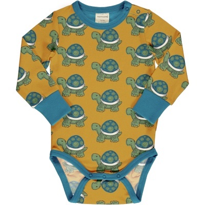 Body de manga comprida para bebé com padrão de tartarugas azuis e verdes e detalhes azuis