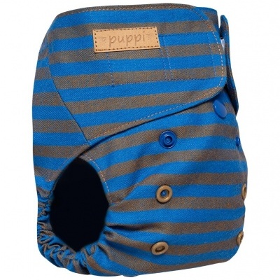 Fralda reutilizável azul e cinzenta às riscas com botões e etiqueta Puppi