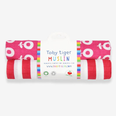 Musselina de algodão orgânico Pink flowers/Red stripes Toby Tiger