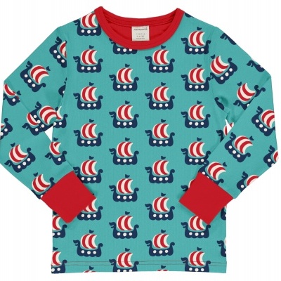 Camisola de criança azul petróleo com padrão de navios vikings e detalhes vermelhos