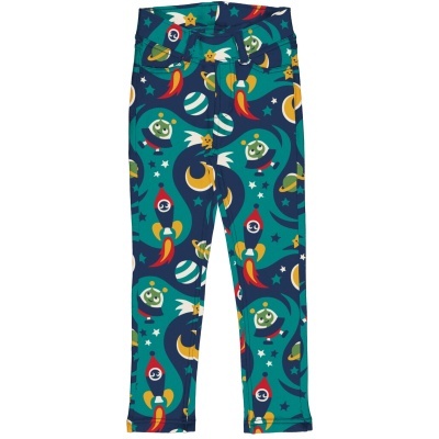 Calças compridas de criança com padrão de foguetes, planetas e estrelas