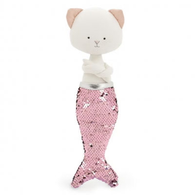 Brinquedo de peluche de gato com cauda de sereia rosa com lantejoulas