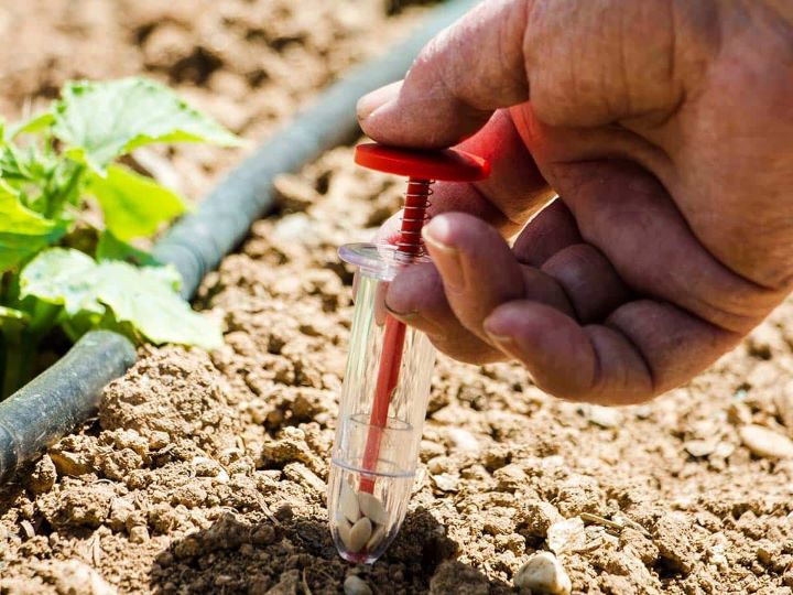 Semeadora manual de precisão – SEED ME Plantador de sementes de plástico transparente com botão vermelho a ser usado para colocar sementes no solo