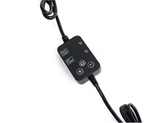 Tapete aquecedor VDL Controlador digital preto com fio e botões para ajuste de temperatura em fundo branco