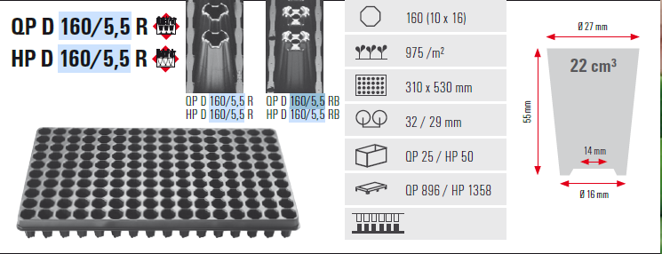 Tabuleiro alveolar 160 Placa preta com padrão circular e etiquetas técnicas detalhadas