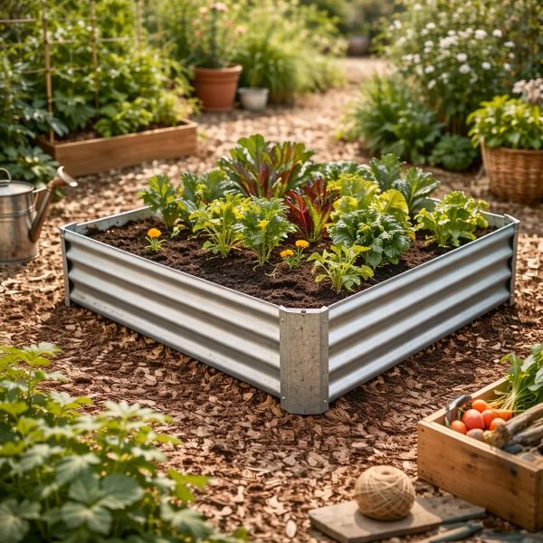 Canteiro de cultivo galvanizado - GROWBED G Horta elevada metálica com plantas a crescer e elementos de jardinagem num jardim