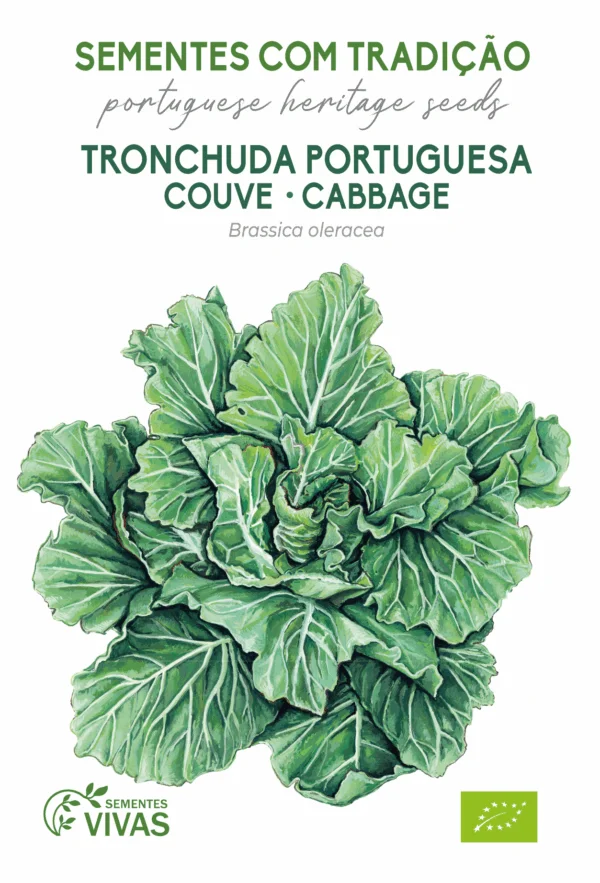 Sementes Vivas - Couve Tronchuda Pacote de sementes de tronchuda portuguesa com ilustração de couve verde e texto na embalagem