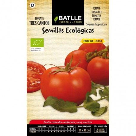 Bio Tomate Tres Cantos Embalagem de sementes ecológicas de tomate Tres Cantos com ilustração de tomates vermelhos.