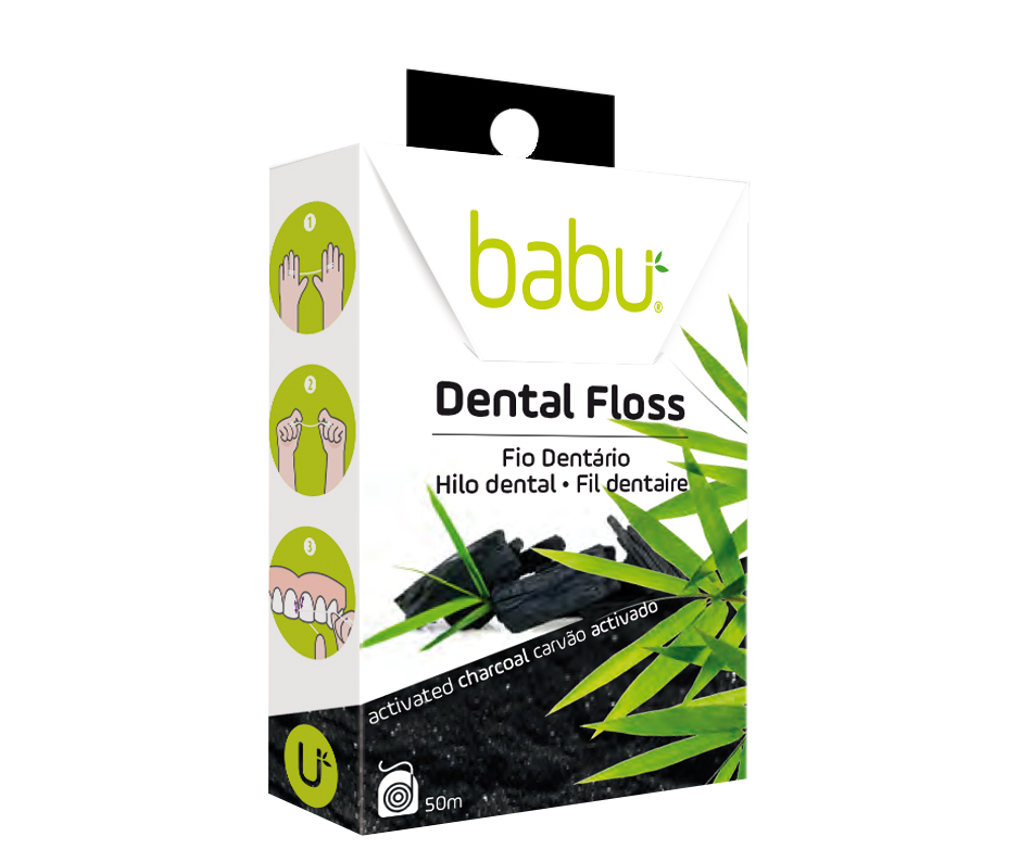 Fio dentário Embalagem branca e verde de fio dentário Babu Dental Floss com carvão ativado
