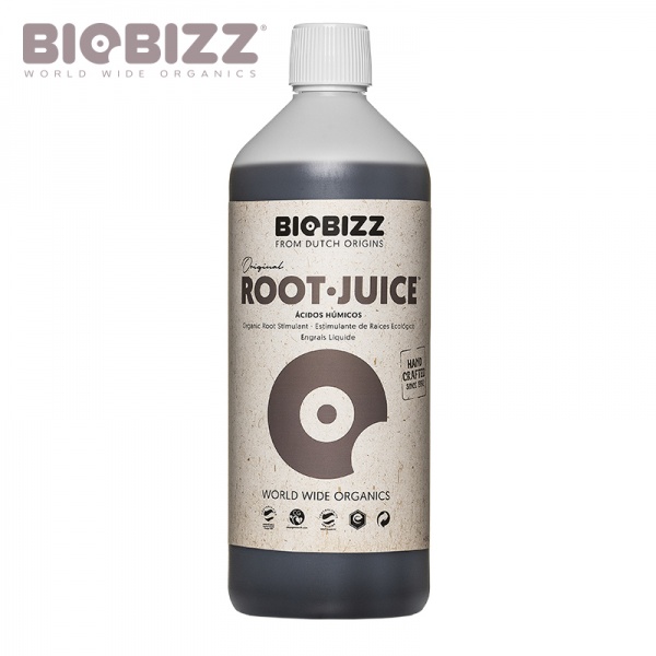 Root Juice 1L Frasco plástico BIOBIZZ Root Juice com etiqueta bege e texto preto