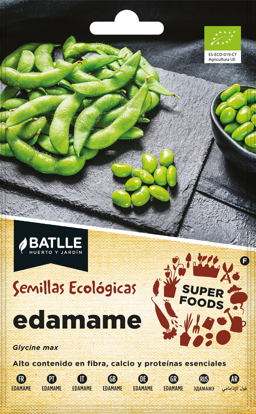 Bio Edamame Embala sementes ecológicas edamame Batlle com imagem de vagens e grãos verdes