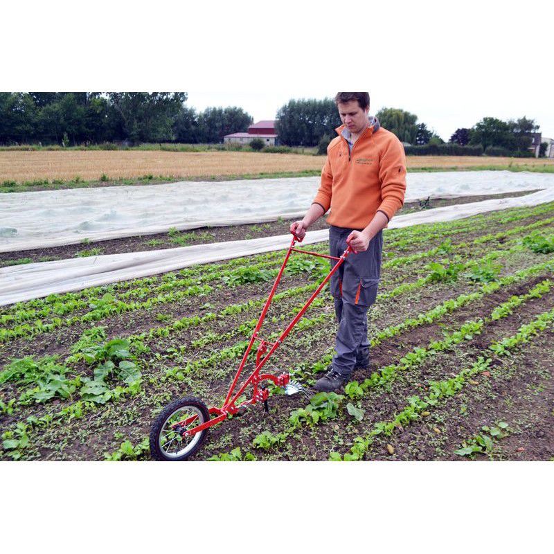 Homem a usar ferramenta manual de capina vermelha num campo agrícola