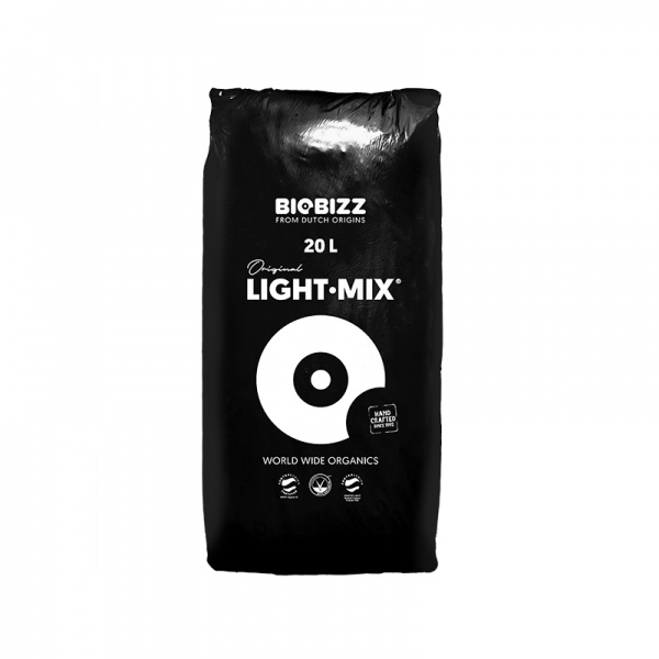 Light Mix 20L Saco preto de substrato BIOBIZZ Light Mix 20 litros com texto e símbolos brancos