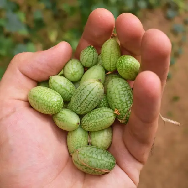 Sementes Vivas - Pepquino Cucamelon Mão segurando pequenos frutos verdes ovais com padrão listrado
