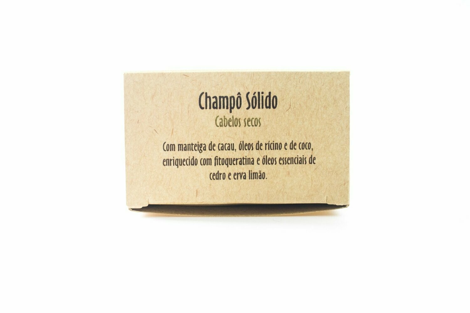 Champô Sólido Cabelos Secos Embalagem de champô sólido para cabelos secos, papel castanho claro com texto em português