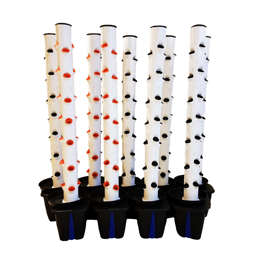 Torre Hidropónica Sistema hidroponico de tubos verticais brancos com tomadas coloridas e vasos pretos