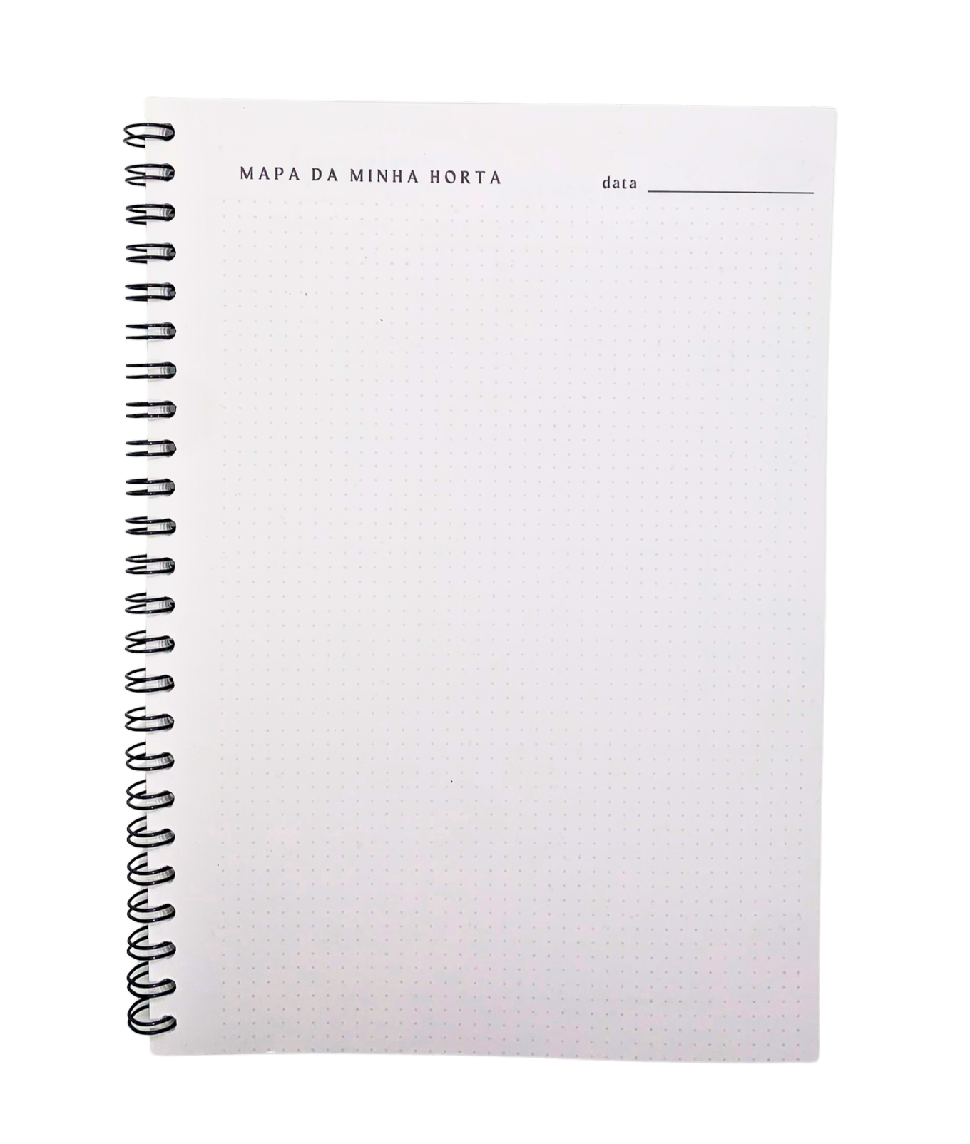 Caderno da Horta Caderno espiral branco com texto 'MAPA DA MINHA HORTA' e espaço para data