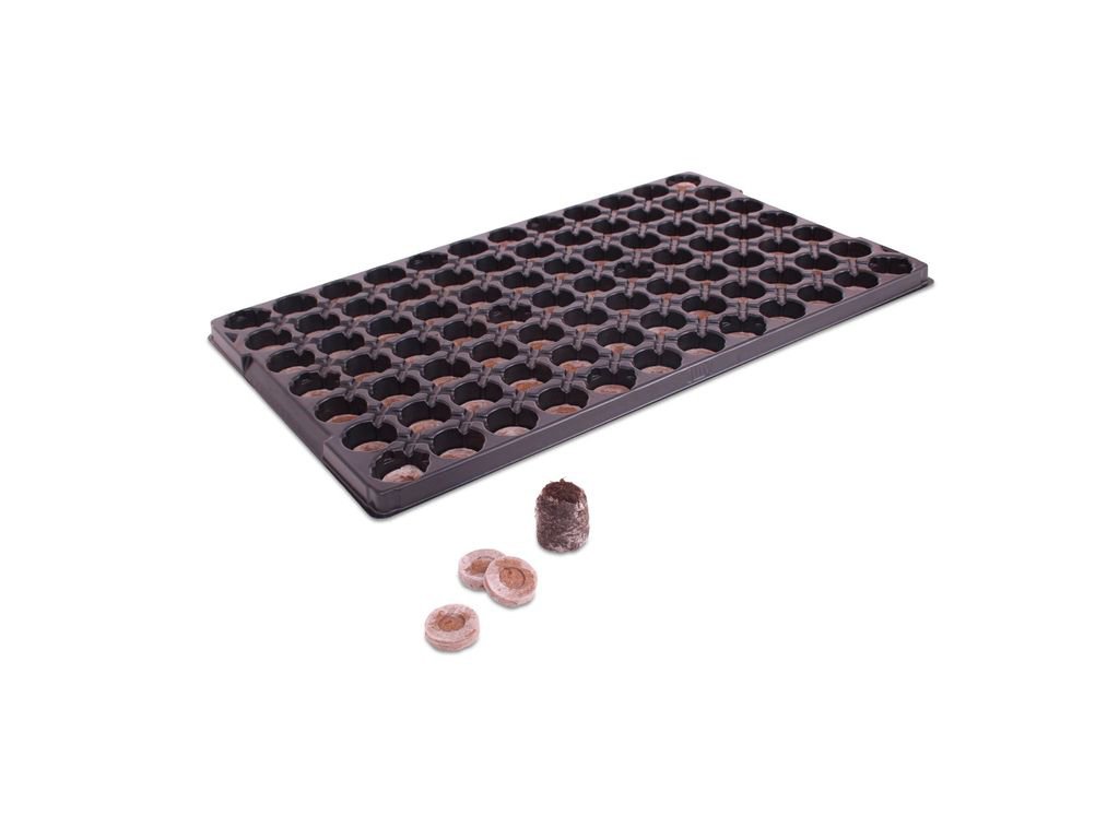 Tabuleiro Germinação 60 Jiffys 33mm Bandeja preta de plástico com substratos para cultivo em fundo branco